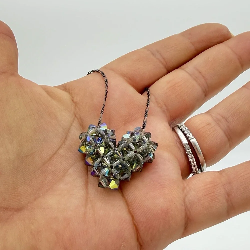 Vtg Swarovski Cluster Heart‎ Necklace Sterling Silver 925 Peacock AB Crystals